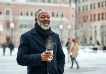 Happy businessman drinking hot beverage outdoors in snowy city during wintertime