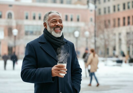 Happy businessman drinking hot beverage outdoors in snowy city during wintertime