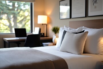 This inviting bedroom showcases cozy bedding, soft lighting, and a view of lush greenery outside, creating a serene atmosphere for relaxation and comfort.