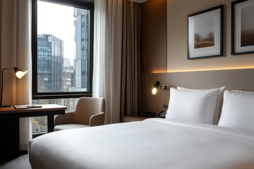 This contemporary hotel room features sleek decor, large windows offering a stunning view of the cityscape, and an inviting workspace, perfect for travelers and business guests.
