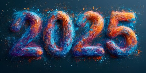 2025, rendered in dynamic textured hues of blue, orange, and purple, 2025 new year word art