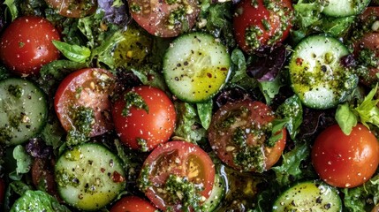 A close-up of a healthy green salad with mixed greens, tomatoes, cucumbers, and olive oil dressing. The fresh, vibrant ingredients are perfect for health, food, and wellness-related content. 