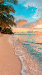 Dawn serenity at a beach with leaning coconut trees tropical paradise landscape photography calm waters aesthetic view nature's beauty