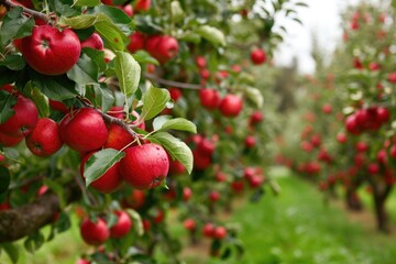 Orchard Bounty: Lush Green Apple Trees Loaded with Ripe Red Fruit