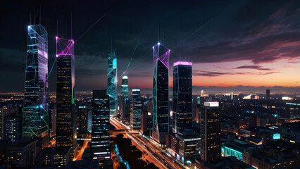 Fototapeta premium highly detailed, futuristic cityscape illuminated by an intricate web of glowing digital connections. 