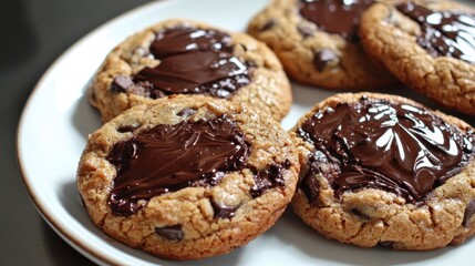 A close-up of a plate of freshly baked chocolate chip cookies, with gooey chocolate melting from the center, placed on a kitchen counter. The warm, comforting scene captures the essence of home 