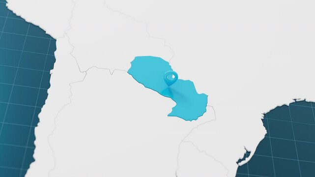 Blue Paraguay 3d map with pointer pin surrounded with other countries in white. Europe political map with borders animation. 3d render.