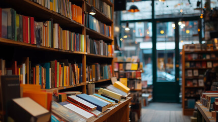 A cozy bookstore filled with colorful books on wooden shelves, creating warm and inviting atmosphere. soft lighting enhances charm of space, perfect for book lovers
