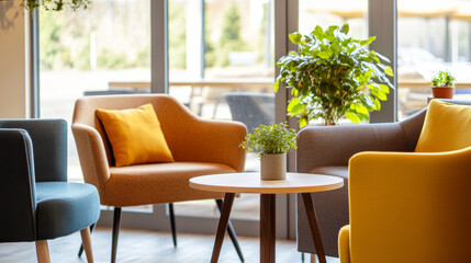 Fototapeta premium Cozy lounge area featuring modern chairs in orange, yellow, and blue, complemented by small table and greenery, creating welcoming atmosphere