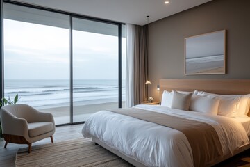 This modern bedroom offers an ocean view through expansive windows, blending contemporary design with a soothing atmosphere for a perfect coastal retreat.