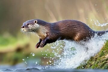 Obraz premium A dynamic shot of a European otter sliding down a riverbank