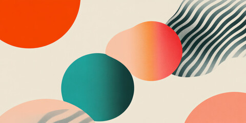 Abstract shapes in vibrant colors create dynamic composition, featuring circles and wavy lines that evoke sense of movement and creativity. interplay of colors adds depth and interest