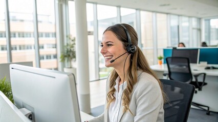 Smiling female call-center agent wearing a headset and providing professional customer support in a modern office environment, emphasizing effective communication and client assistance