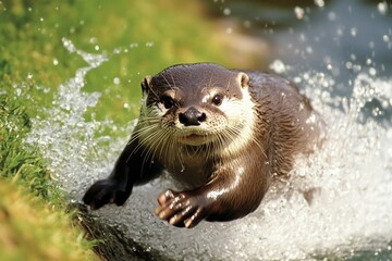 Fototapeta premium A dynamic shot of a European otter sliding down a riverbank