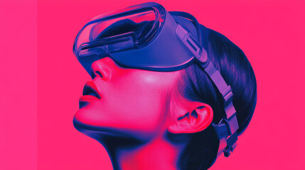 A woman wearing futuristic virtual reality goggles against vibrant pink background, showcasing blend of technology and modern aesthetics