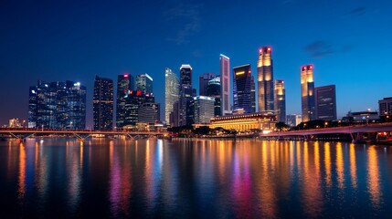 Fototapeta premium Night cityscape, skyscrapers reflected in water.