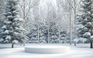 Fototapeta premium White podium pedestal in a winter forest background for product presentation