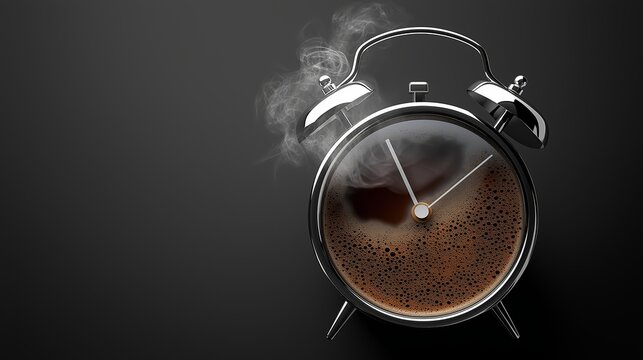 Steaming coffee filling the face of a chrome alarm clock creates a conceptual image representing mornings, awakening, and the energizing ritual of enjoying a hot beverage