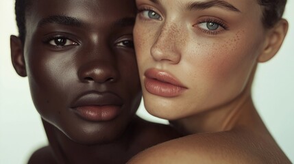 Two beautiful female models with different ethnicities are posing together, showcasing diversity and inclusion in beauty, with a focus on their flawless skin and natural makeup