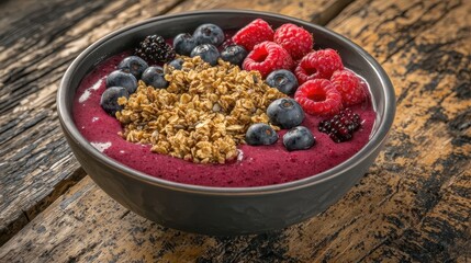 A fresh, colorful smoothie bowl topped with berries, granola, and seeds, placed on a rustic wooden table. The healthy and vibrant dish is ideal for wellness and food-related content. 
