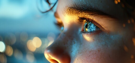 Close-up of a person's eye looking into the distance at night.