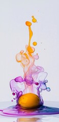 Colorful ink drops are splashing on a yellow sphere, creating abstract and vibrant shapes against a white background, making a visually captivating display of color and motion