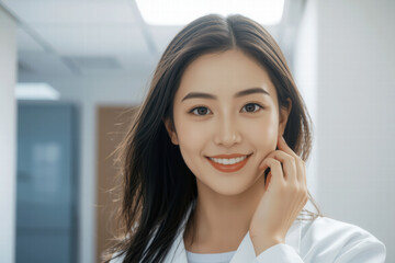 smiling woman in white coat stands in medical office, exuding professionalism and warmth. Her long hair frames her face, enhancing her approachable demeanor
