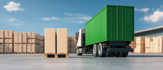 Electric trucks at a green-certified warehouse, showcasing sustainable transport and eco-friendly logistics in action.