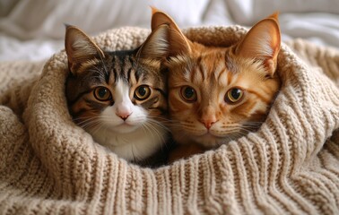 Obraz premium A dog and cat snuggled up under the same blanket, looking at the camera