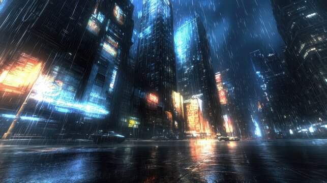 A futuristic cityscape at night, with glowing skyscrapers and neon lights reflecting on wet streets. The scene conveys a sense of modernity, technology, and urban life, ideal for themes of innovation 