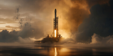 Rocket launch at dawn amidst dramatic clouds and mist