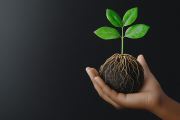 Hand cradling a thriving plant with roots symbolizing interconnected global sustainable growth and eco-conscious logistics efforts