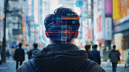 A man walks down a city street with an augmented reality interface overlayed on his head, showing digital information and data visualization. - Powered by Adobe