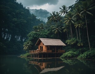 Tranquil Wooden Cabin Surrounded By Tropical Greenery and Calm Reflective Lake