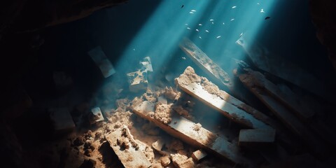 Sunlit underwater cave revealing ancient ruins