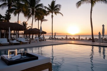 A breathtaking scene of a serene beach resort at sunrise, showcasing lounge chairs and a sparkling pool surrounded by palm trees under a warm golden sky.