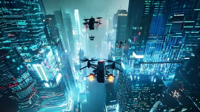 A group of drones flying in the sky over a city. The drones are orange and black and are flying in formation