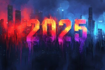 A Vibrant Cyberpunk Metropolis Ushers in the New Year 2025, Painted in Vivid Hues of Red, Orange, and Purple, 2025 new year word art