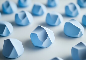 A closeup of 3D geometric shapes on a white background, minimalist design with paper elements and light blue shadows, sharp focus, and a subtle depth of field effect