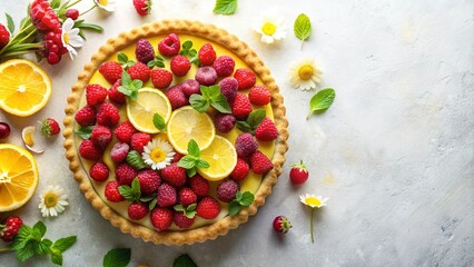 Delicious Lemon Raspberry Tart with Fresh Fruit and Flowers