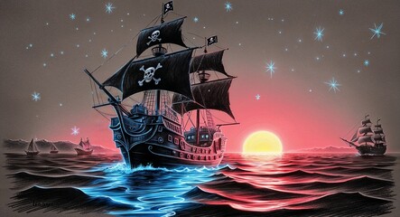 Naklejka premium A pirate ship sailing on a glowing neon sea with stars reflecting off the water hand drawing