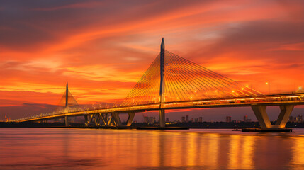 Obraz premium Spectacular Sunset View of Bhumibol Bridge, the Industrial Ring Road Bridge in Thailand