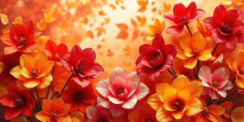 A vibrant cluster of delicate blossoms in hues of red, orange, and pink, creating a captivating floral display against a warm, hazy background.