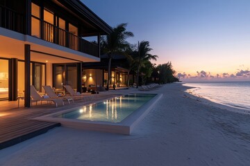 Fototapeta premium The image features a modern beachfront villa bathed in sunset hues, with palm trees framing the scene, evoking a sense of tranquility and seaside luxury.