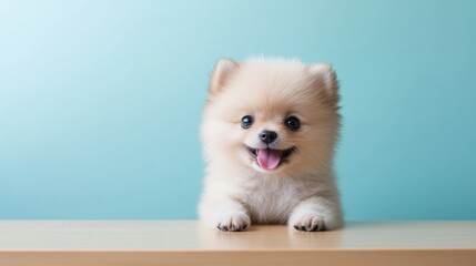 Cute Pomeranian puppy smiling and playing against a pastel background in a bright atmosphere.