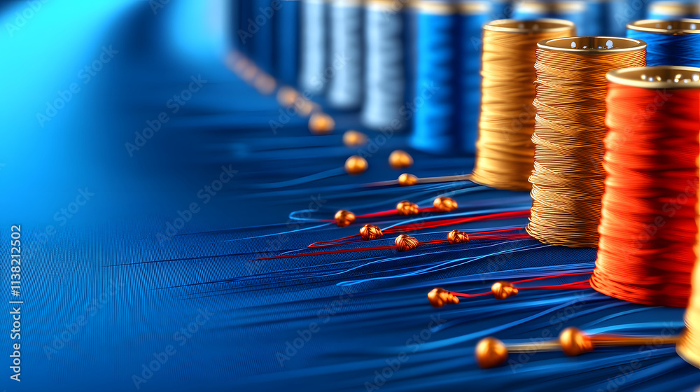 Poster a visually striking arrangement of colorful spools and beads on a vibrant blue surface, showcasing a