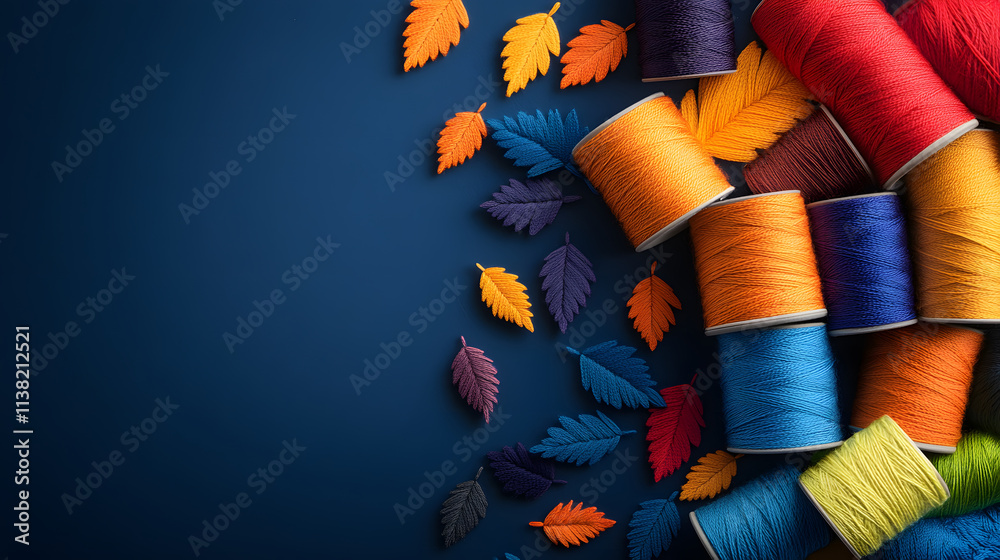 Poster colorful spools of thread and vibrant leaves create a visually appealing arrangement on a deep blue 
