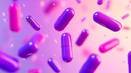 A dynamic mix of purple and pink pills on a soft pastel gradient background