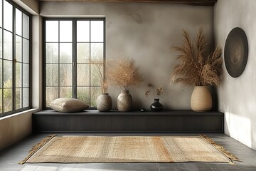 A black cupboard with a floor rug in front in a minimalistic composition Soft shading contrasting colors
