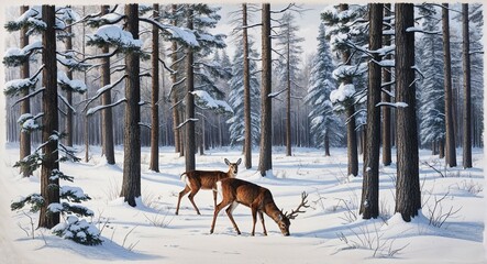 A snowy forest with deer grazing peacefully between the tall snow covered trees hand drawing